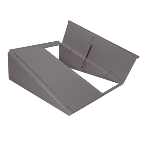 A gray BILCO Classic Series Powder Coated Basement Door in an open position.