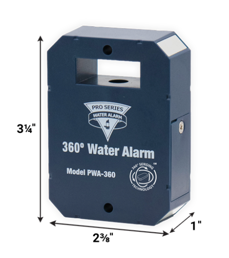360° Water Alarm model PWA-360 with dimensions on a white background