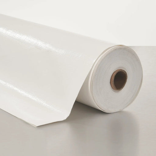 Roll of white vapor barrier on a gray surface