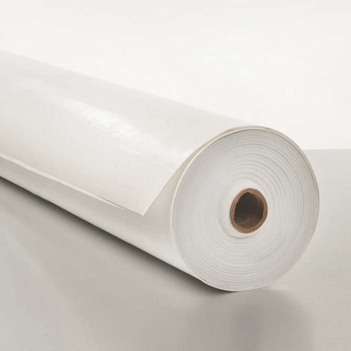 Roll of white vapor barrier on a light gray background