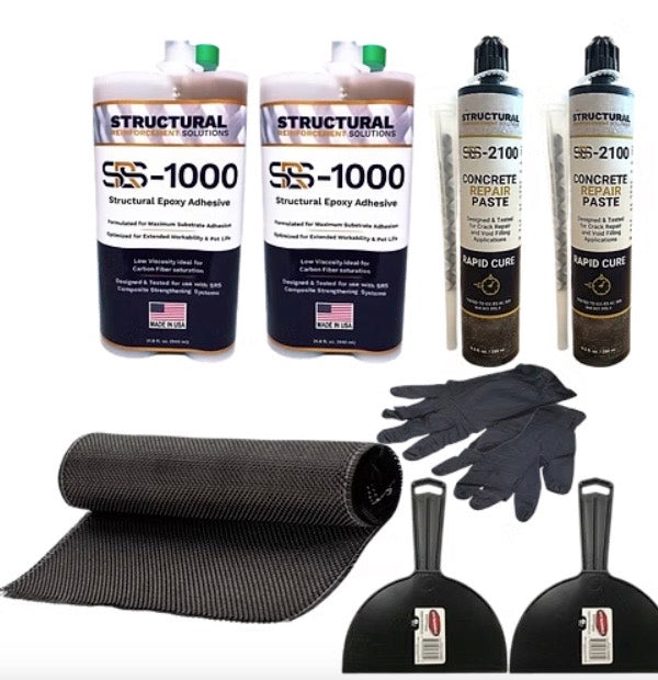 SSS-1000 structural epoxy adhesive kit including two bottles of SSS-1000 structural epoxy adhesive, two tubes of SSS-2100 concrete repair paste, a roll of black mesh fabric, a pair of black gloves, and two black dustpan tools, all displayed on a white background.