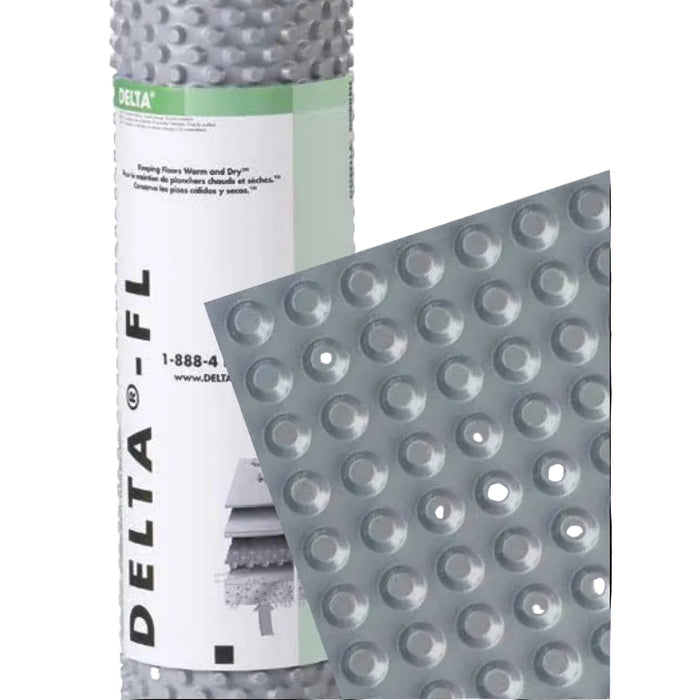 Roll of Delta flooring material with a textured surface on a white background