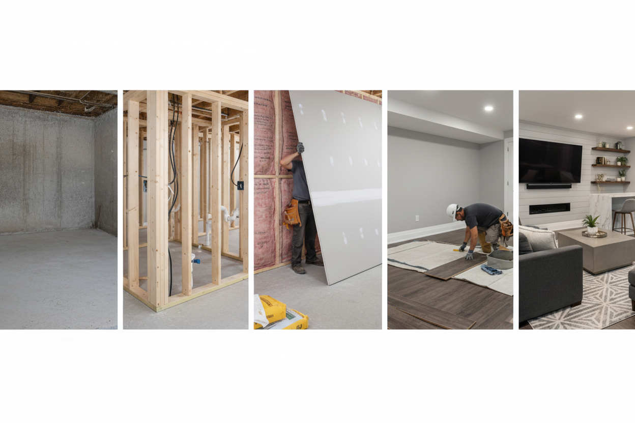 Collage of a room transformation from bare foundation to finished living space.