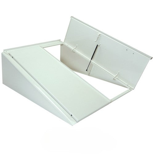A white BILCO Classic Series Powder Coated Basement Door in an open position.